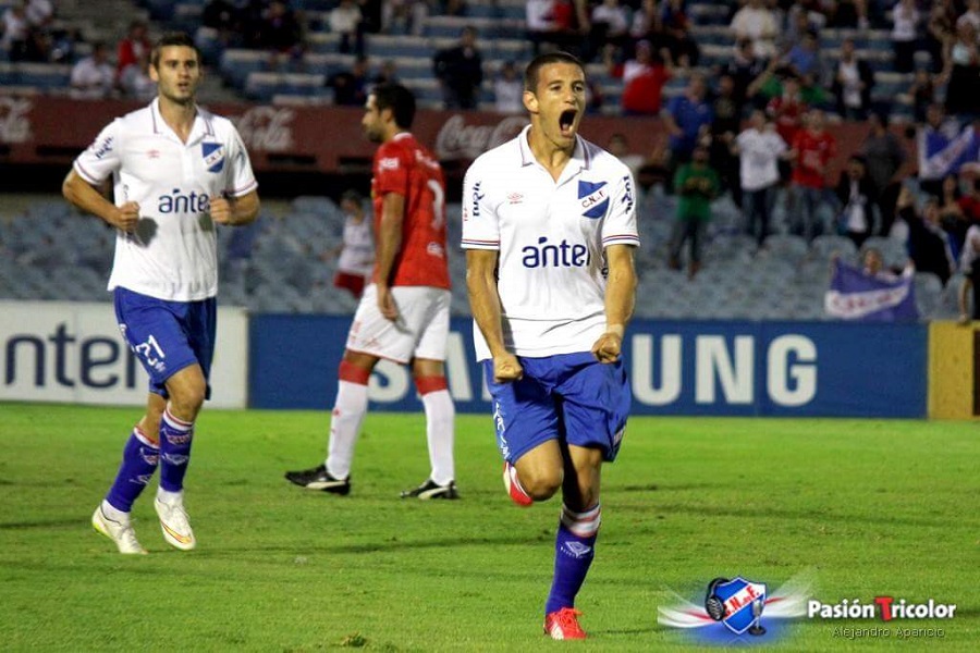 Leandro Barcia celebrates one of his two goals against Rentistas. (Pasión Tricolor)